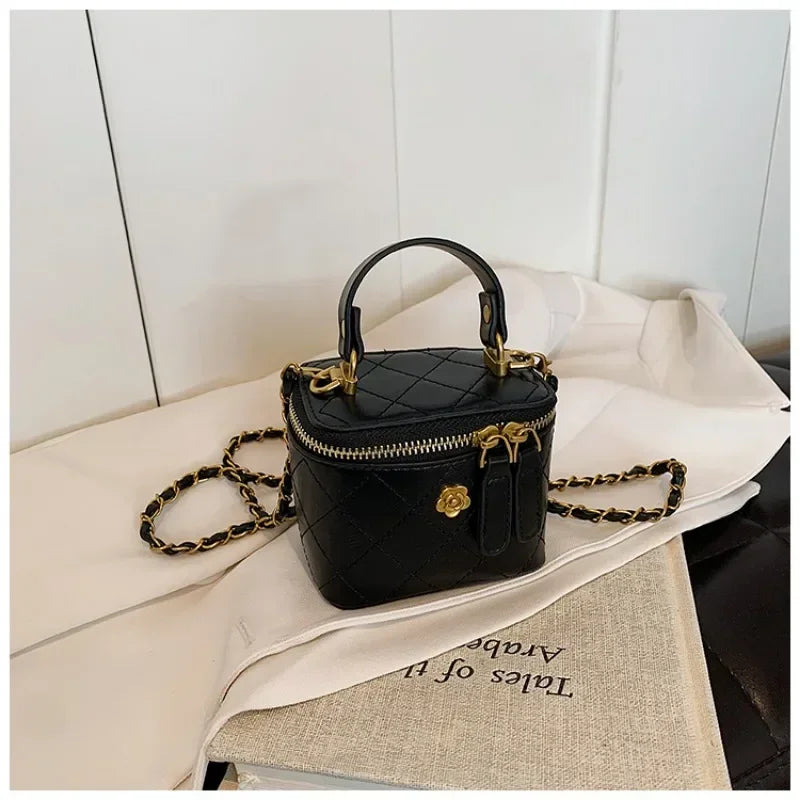 Cute Quilted Mini Vanity Box Bag with Gold Chain & Flower Detail