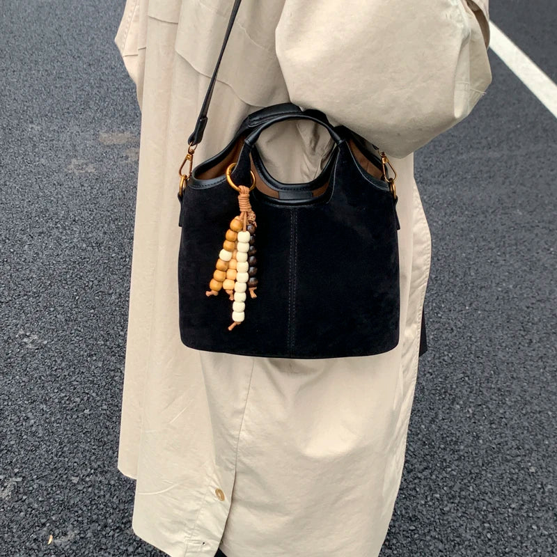 Vintage Suede Brown Tote & Crossbody Bag with Beaded Charm