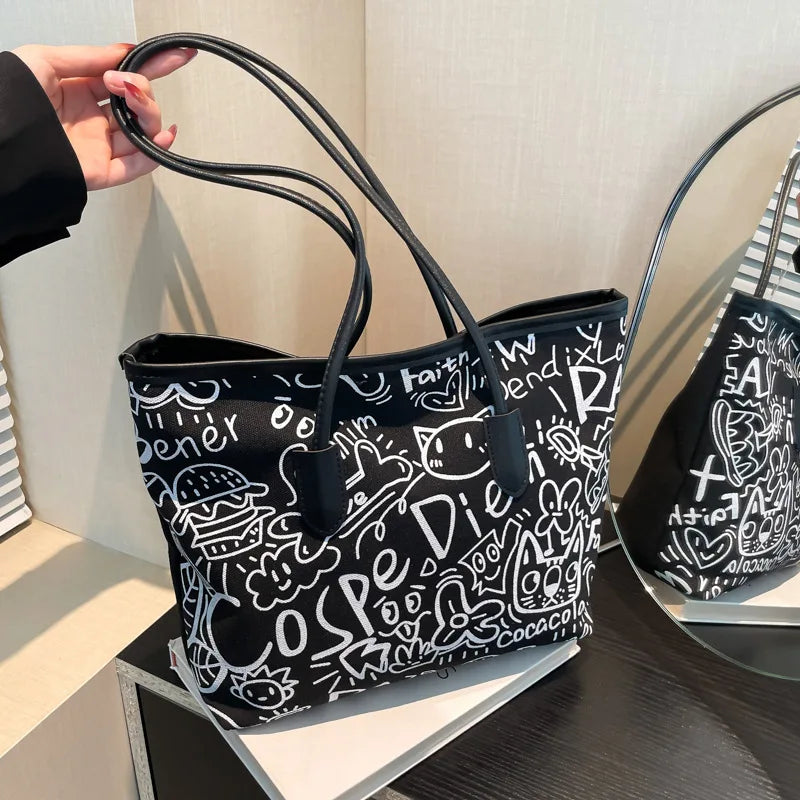 Trendy Graffiti Print Canvas Tote Bag with Cute Cloud Pendant & Shoulder Straps