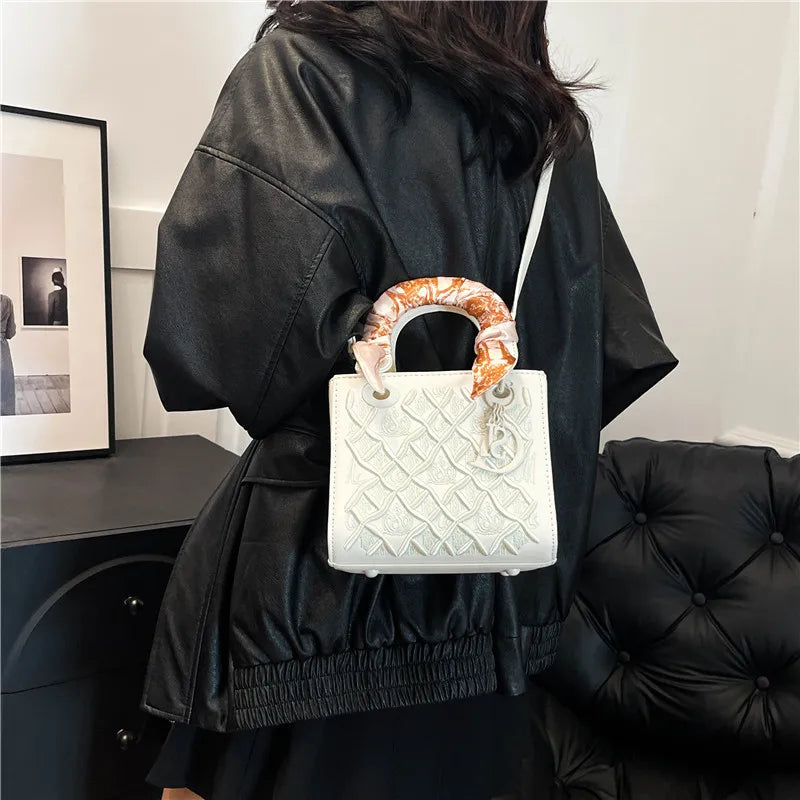 Royal Blue Quilted Lady Handbag with Scarf Accent