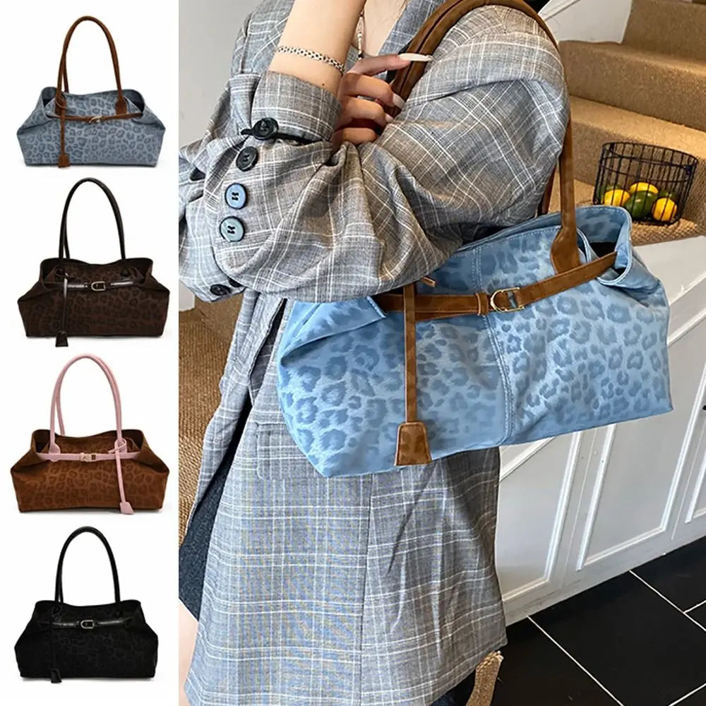 Vintage Suede Leopard Print Belted Tote Bag