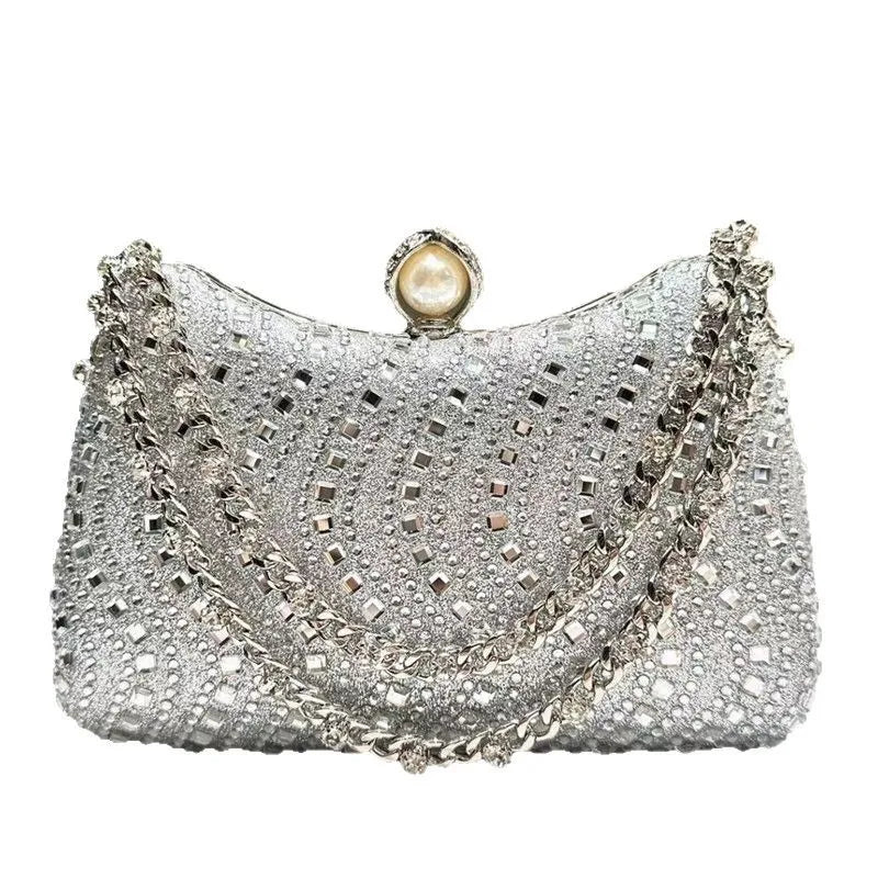 Glamorous Rhinestone Crystal Evening Clutch Bag - Luxury Pearl Clasp Party Handbag with Detachable Chain