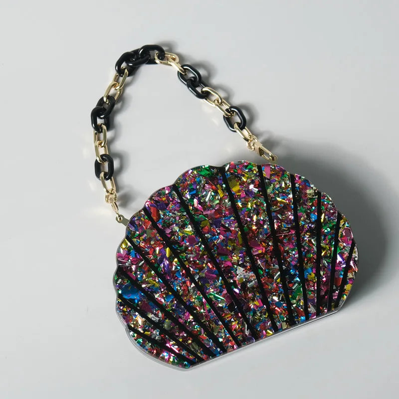 Vibrant Glitter Shell Acrylic Clutch Bag – Colorful Party Handbag with Interwoven Chain Strap