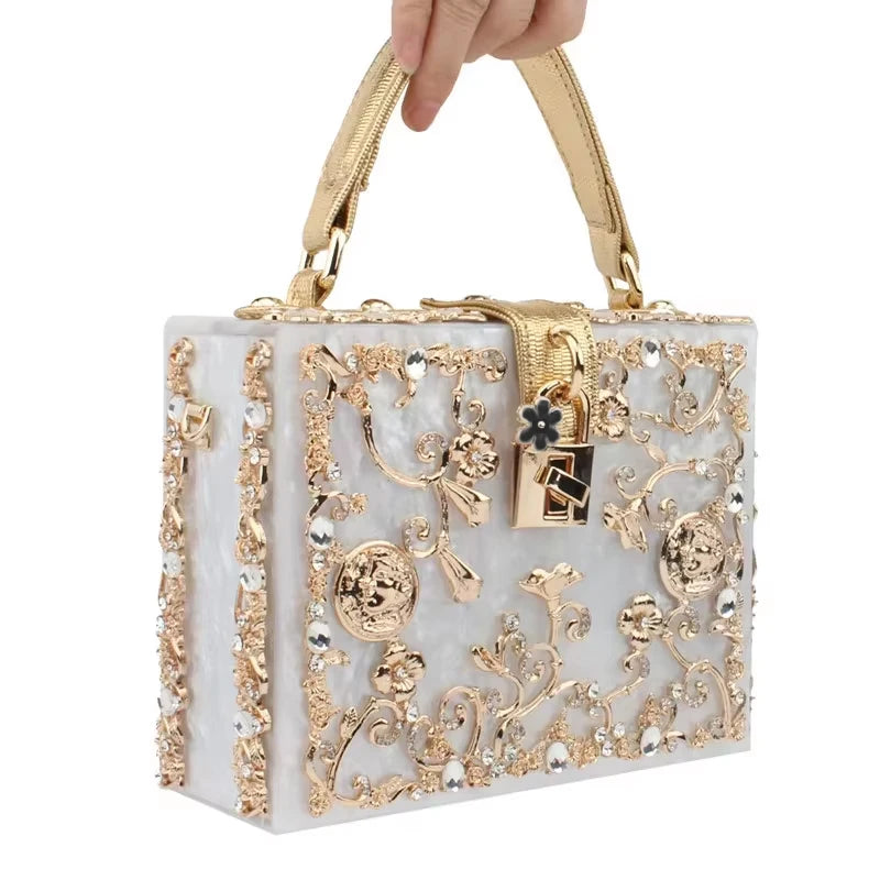 Luxury Blue & Gold Filigree Designer Party Wear Hard Case Clutch Bag
