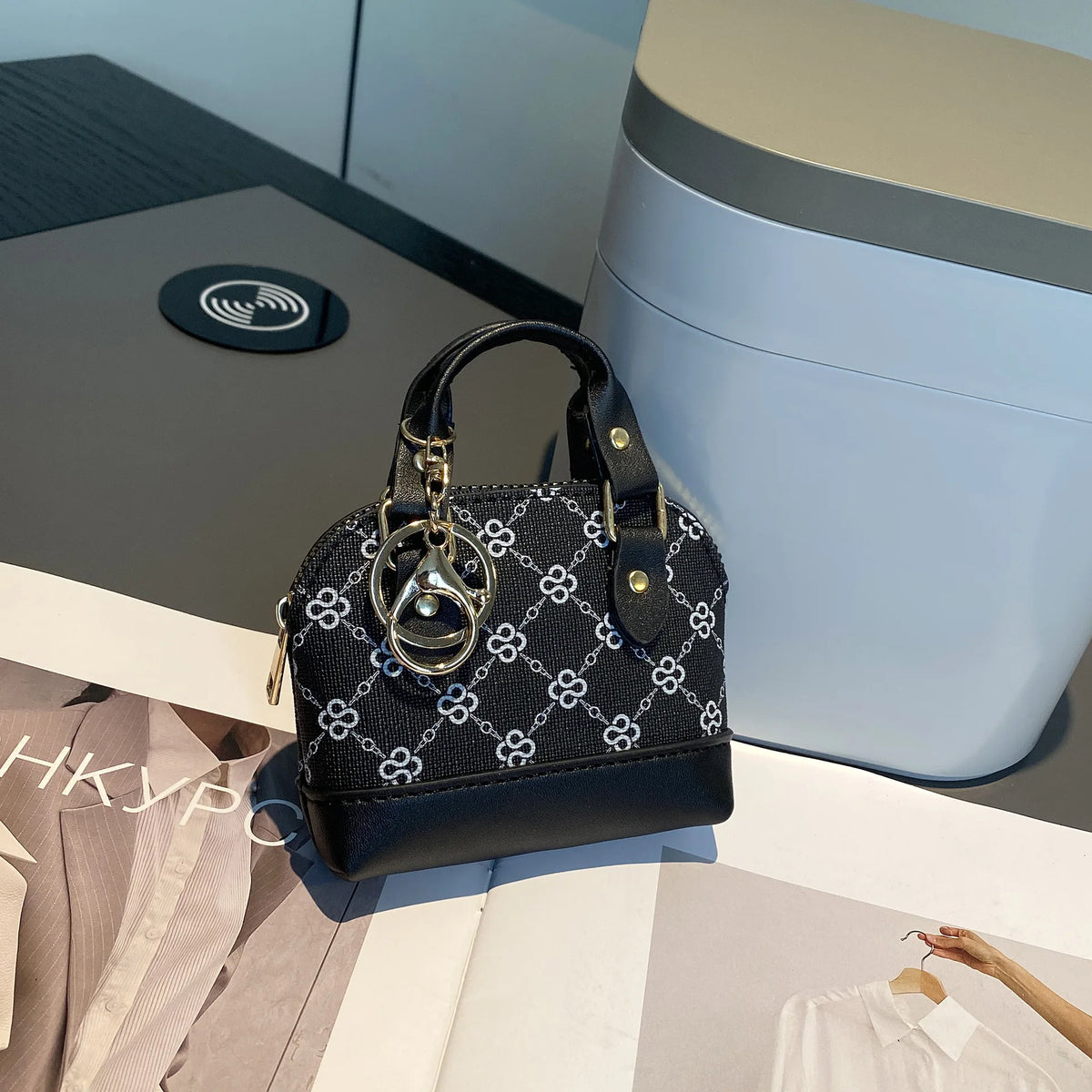Chic Monogram Pattern Mini Dome Handbag with Top Handle and Keychain Accent