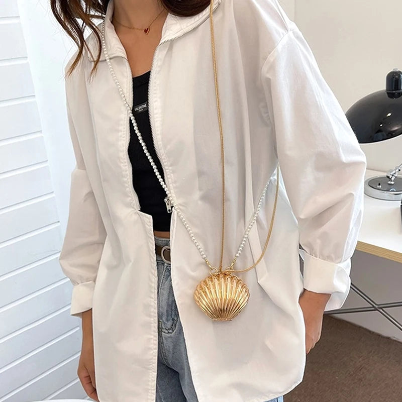 Luxury Golden & Silver Shell Minaudière Bag with Pearl Strap