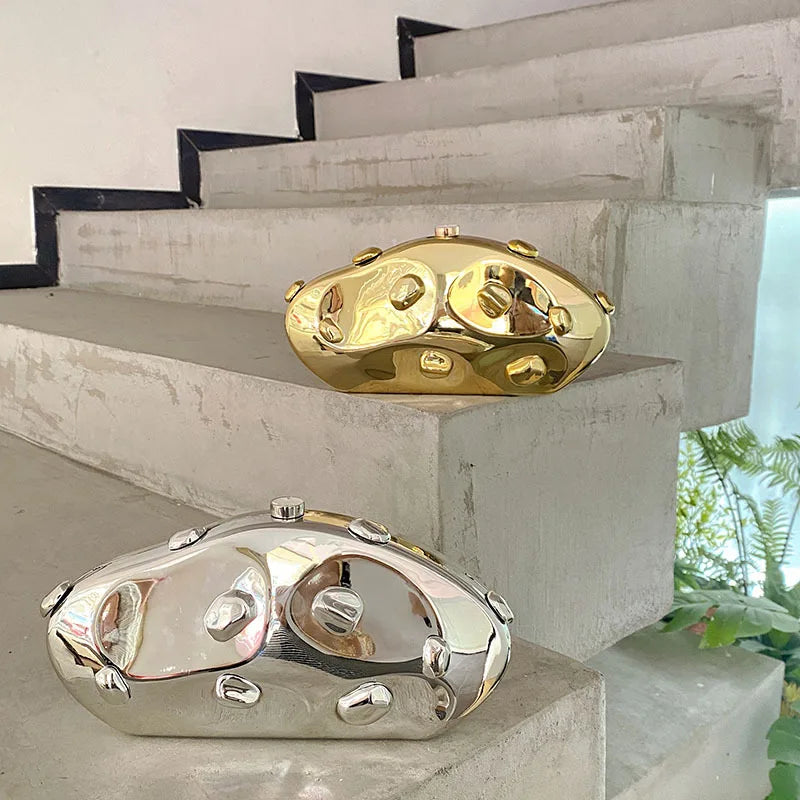 Luxury Metallic Irregular Hard Shell Clutch Bag – Chic Gold & Silver Evening Party Handbag