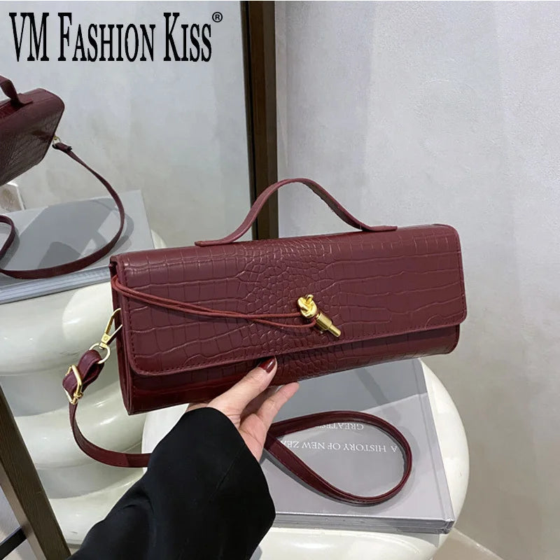 Chic Crocodile Pattern Elongated Shoulder Bag for Women | Elegant Top Handle & Crossbody Handbag with Lock Detail