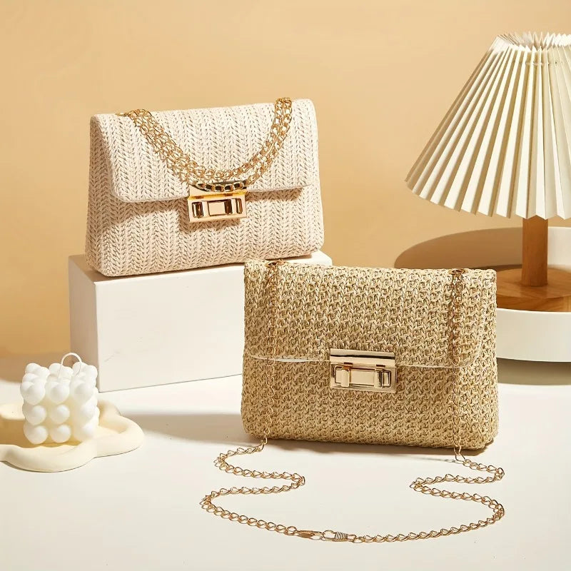 Chic Straw Woven Chain Crossbody Bag for Women