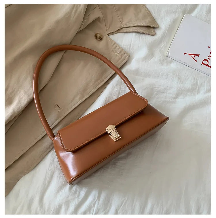 Minimalist Smooth Leather Shoulder Bag – Vintage Rectangle Baguette Bag for