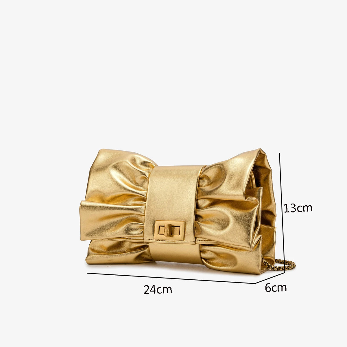 Luxurious Designer-Inspired Pleated Bow PU Leather Evening Clutch and Crossbody Bag Featuring Metallic Twist-Lock Closure and Chain Strap for Women