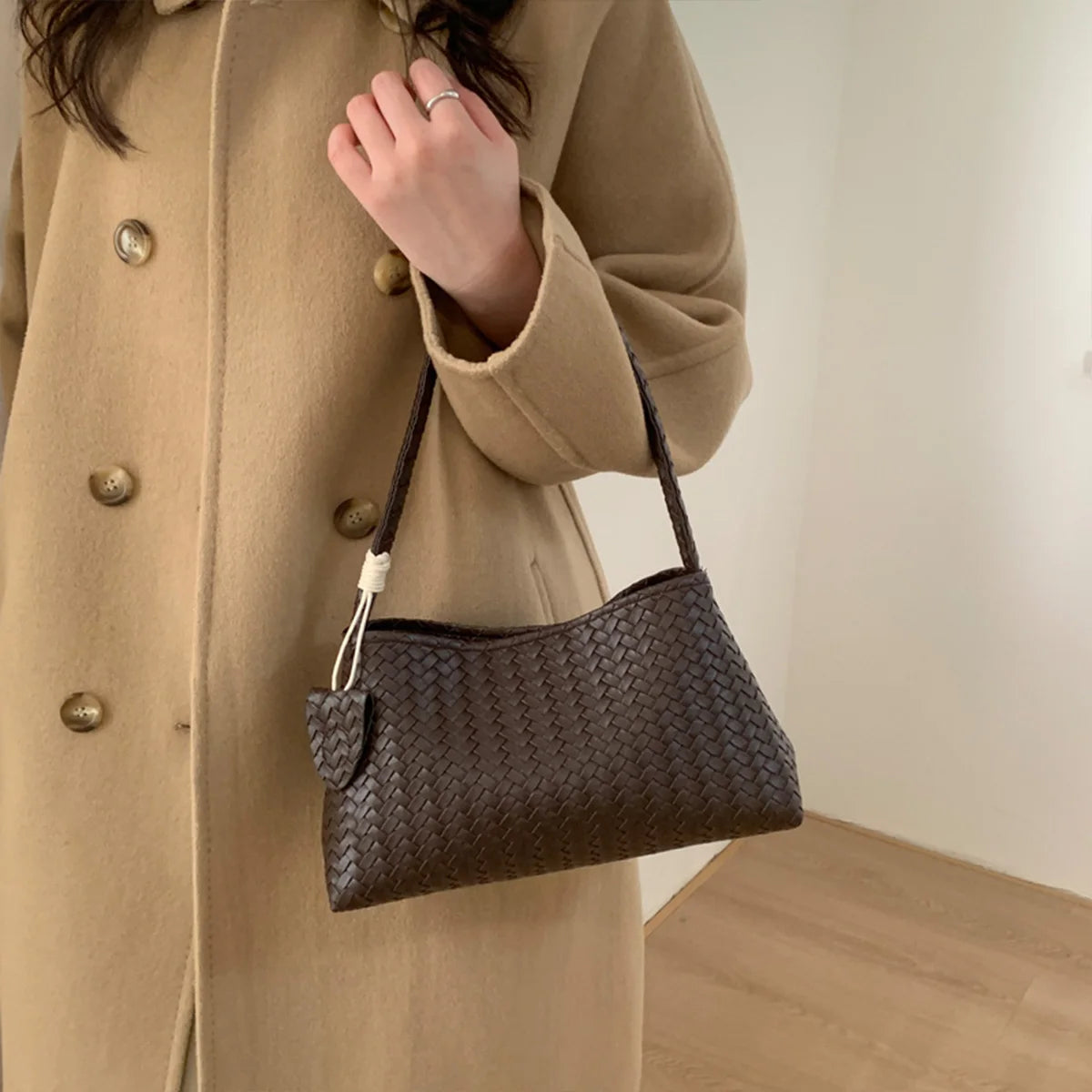 Woven Leather Hobo Shoulder Bag with Knot Accent