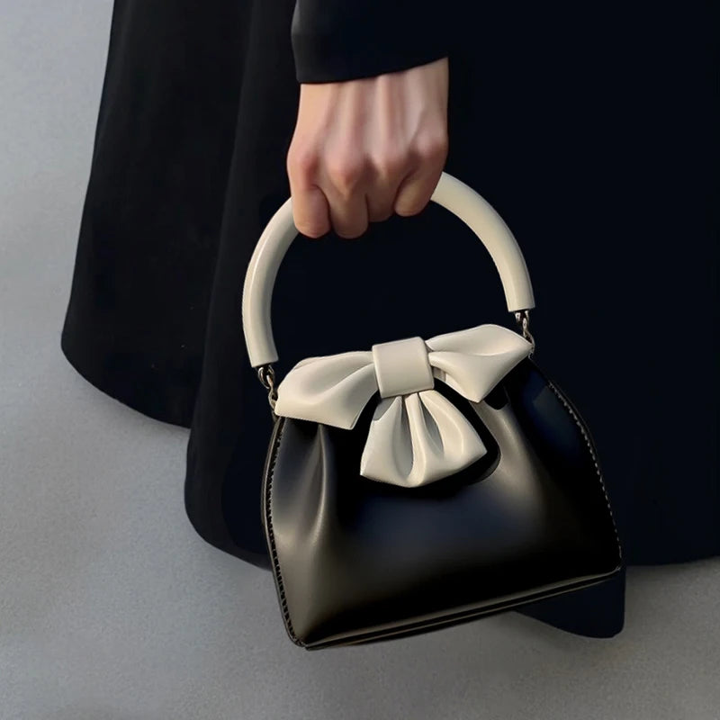 Chic Black & White Bow Mini Handbag – Elegant PU Leather Top Handle Purse & Evening Clutch