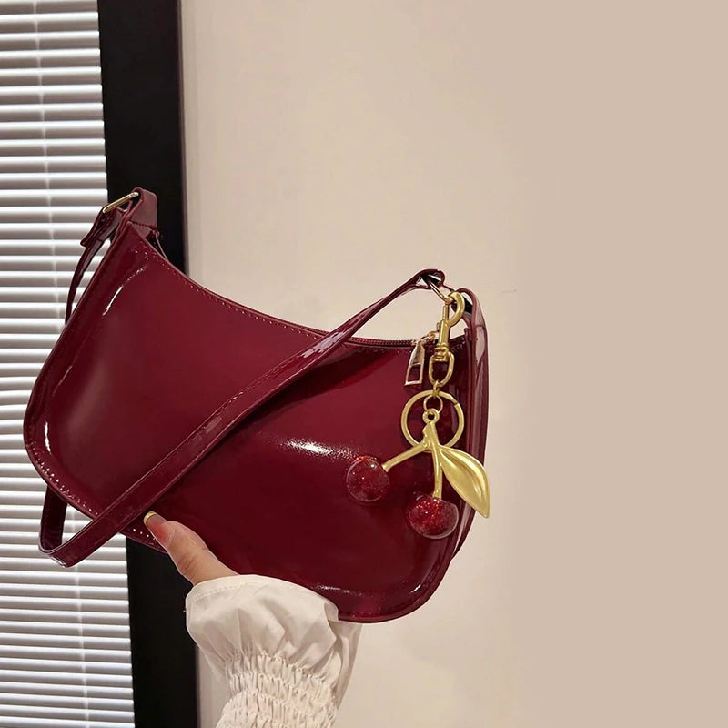 Trendy Glossy Cherry Red Patent Leather Shoulder Bag with Cute Cherry Bag Charm