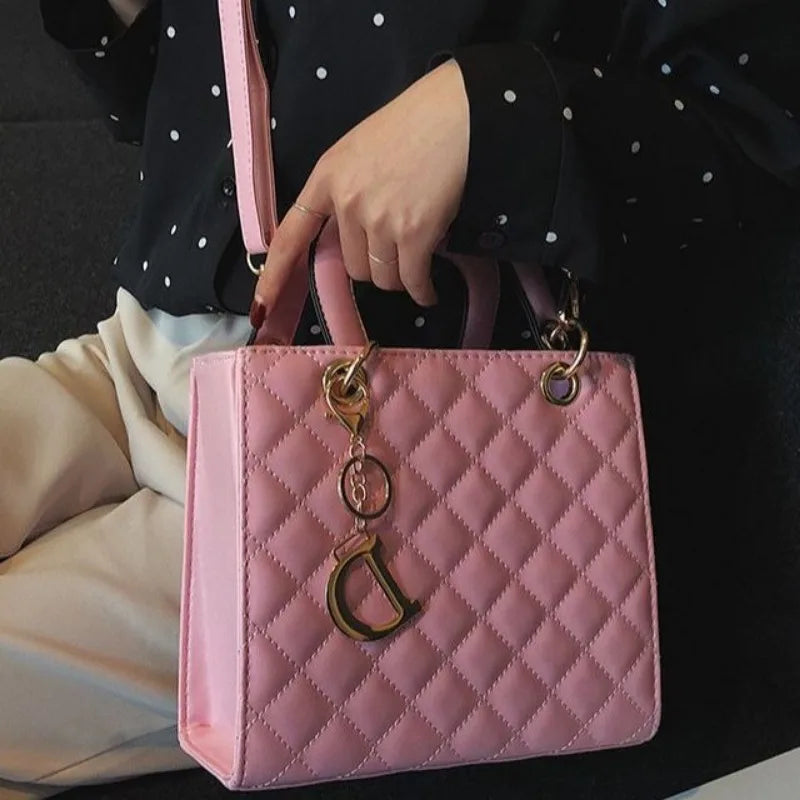 Chic Quilted Pattern Top Handle Handbag for Women | Elegant PU Leather Crossbody & Shoulder Bag with Charm