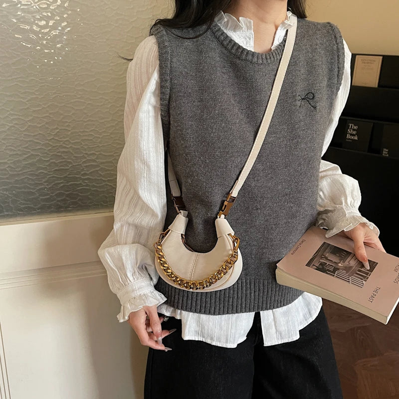 Mini Crescent Dumpling Bag with Chunky Gold Chain Handle