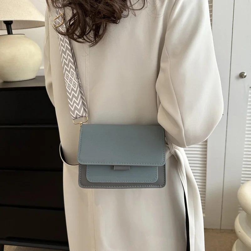 Modern Light Blue & Grey Flap Crossbody Bag with Wide Patterned Guitar Strap