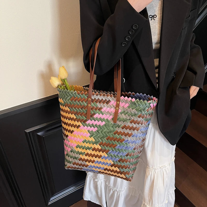 Boho Multi-Color Woven Tote Bag with Faux Leather Straps - Casual Aesthetic Large Handbag