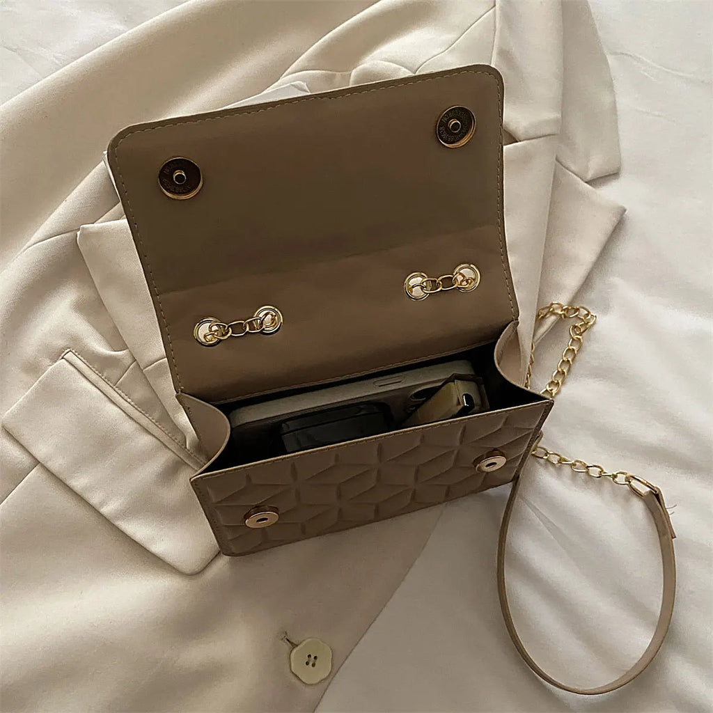 Luxury Quilted Geometric Flap Shoulder Bag with Gold Letter Monogram & Chain Strap