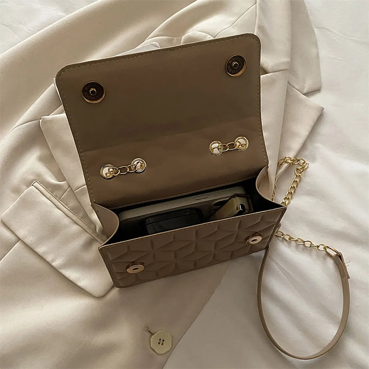 Luxury Quilted Geometric Flap Shoulder Bag with Gold Letter Monogram & Chain Strap
