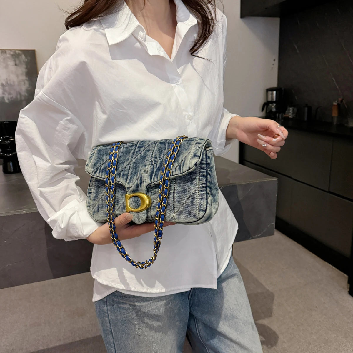 Vintage Quilted Denim Chain Handbag