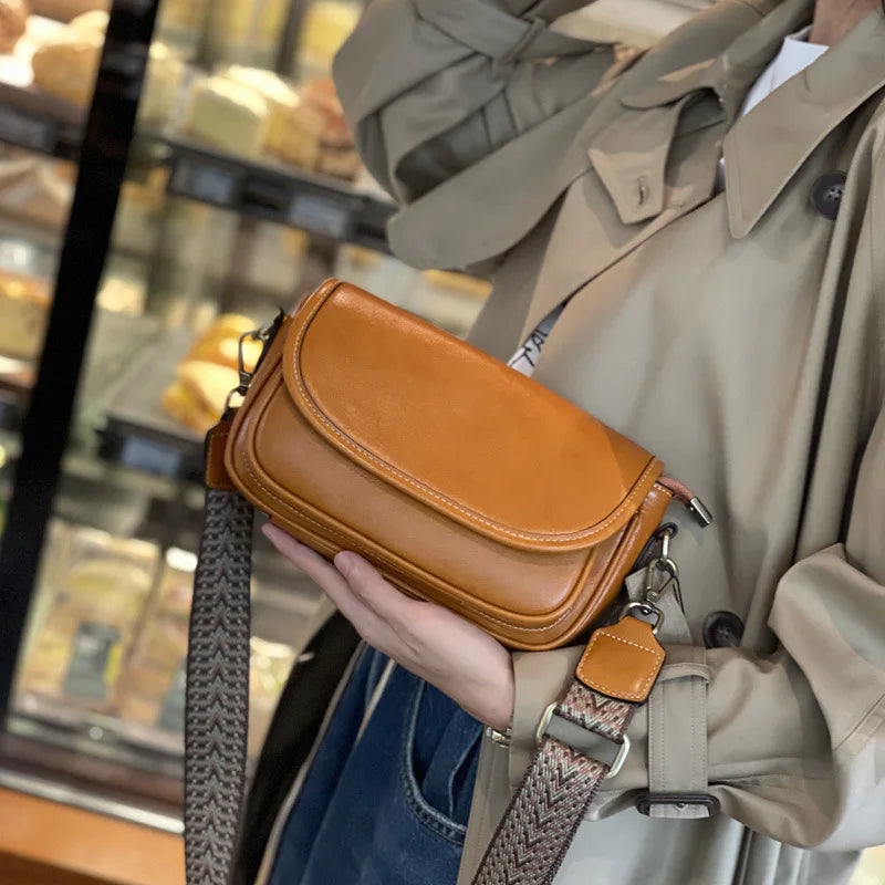 Vintage PU Leather Saddle Crossbody Bag with Wide Woven Guitar Strap