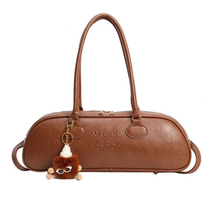 Chic Brown Barrel Shoulder Bag with Cute Fuzzy Charm | Aesthetic Tote Purse