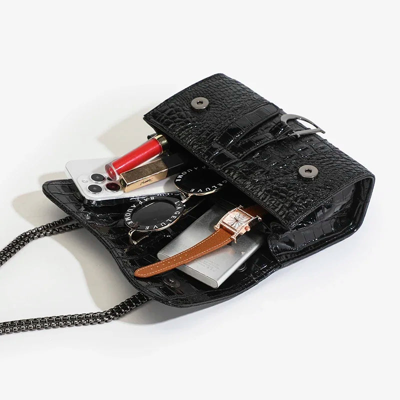 Aura Bags Luxury Crocodile Embossed Flap Shoulder Bag with Metallic Chain