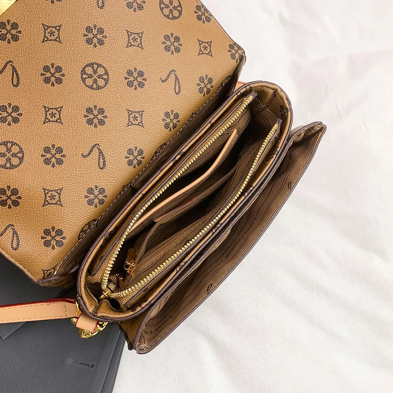 Classic Printed Messenger Bag – Chic Shoulder Bag with Gold Lock Accent