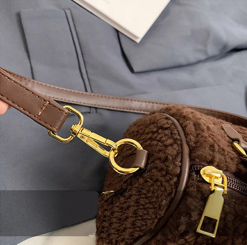 Cozy Sherpa Fleece Barrel Bag with Brown Leather Trim