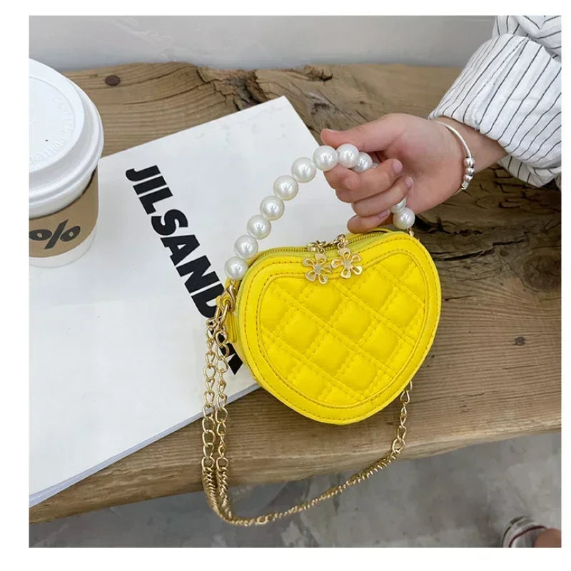 Cute Quilted Heart-Shaped Mini Handbag with Pearl Handle