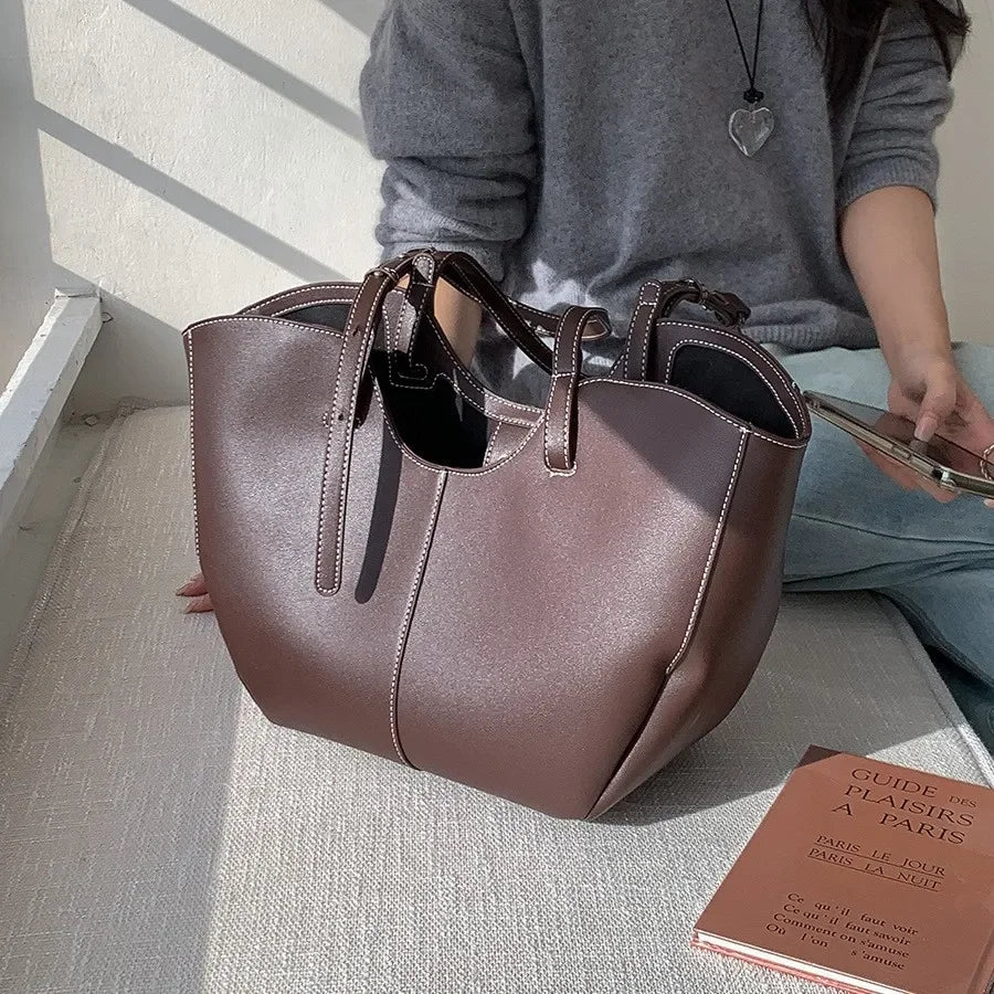 Aesthetic Brown PU Leather Everyday Tote with Contrast Stitching