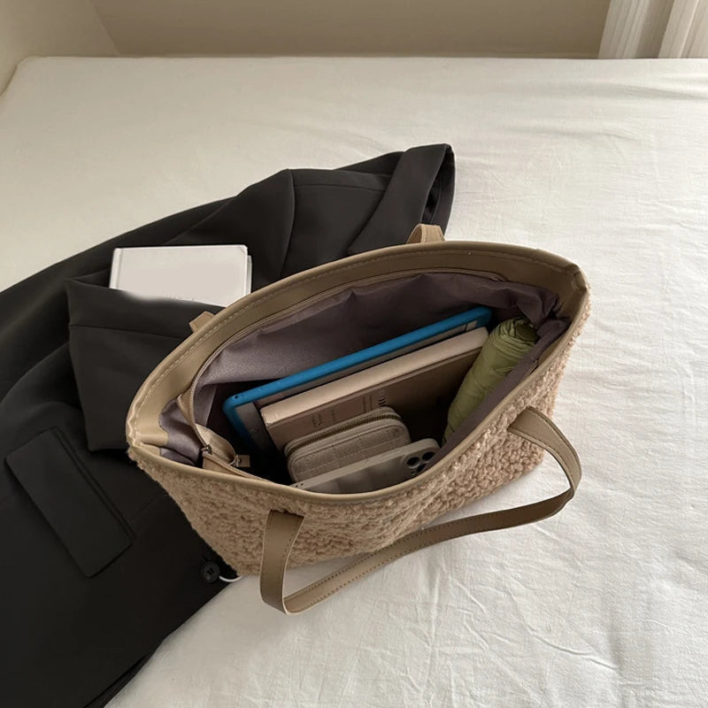 Cozy Brown Fuffly Sherpa Tote Bag with Leather Trim