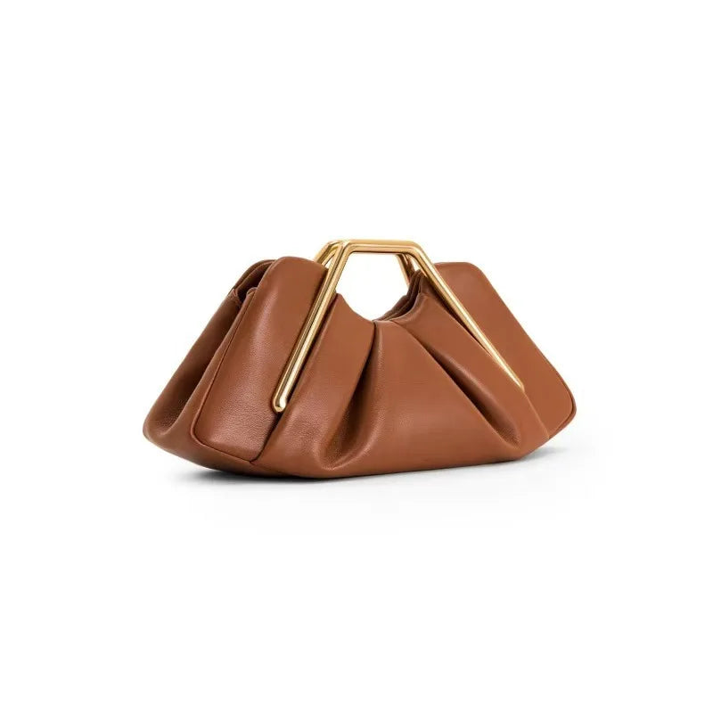 Chic Pleated PU Leather Clutch Bag | Metal Handle Geometric Evening Handbag
