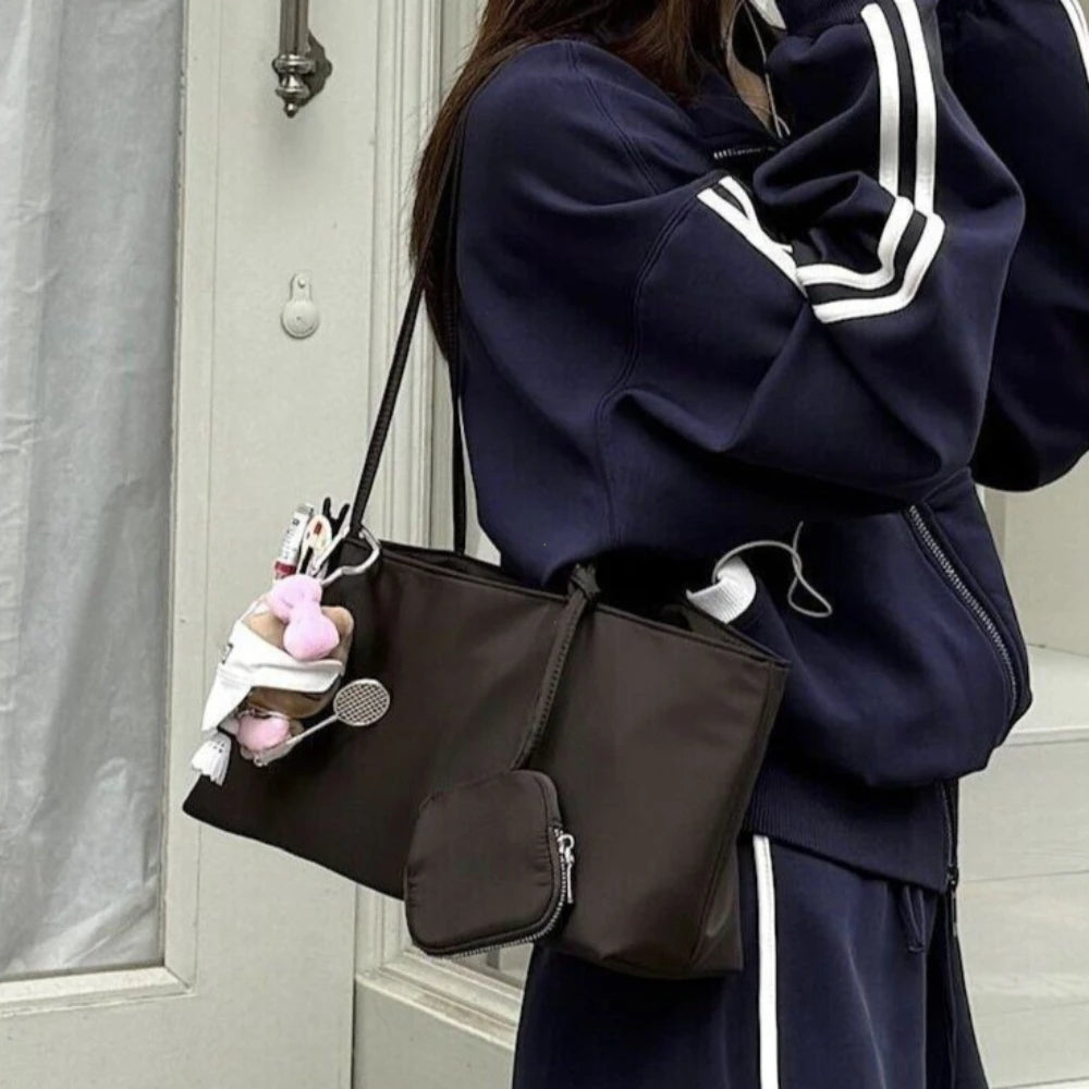 Aura Bags Aesthetic Brown Nylon Tote Bag with Compartments & Keychain Accessories