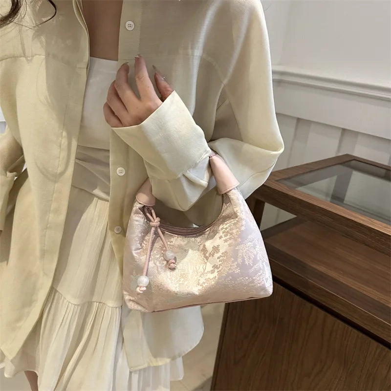Vintage Aesthetic Brocade Slouchy Shoulder Bag - Cute Soft Pink Hobo Handbag with Beaded Charm