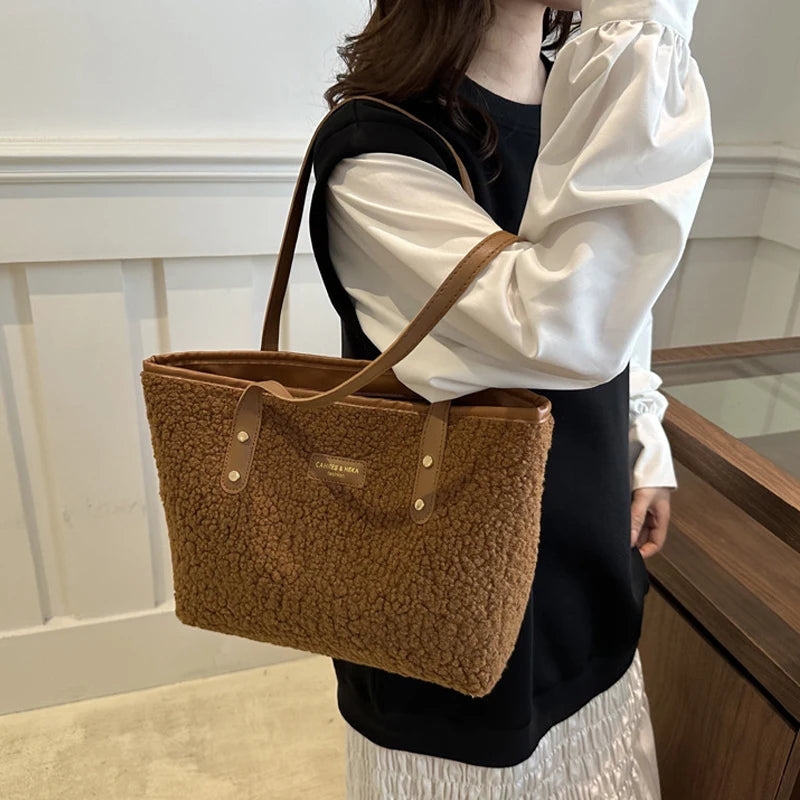 Cozy Brown Fuffly Sherpa Tote Bag with Leather Trim