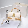 Elegant White and Tan Designer-Style Satchel with Gold Chain
