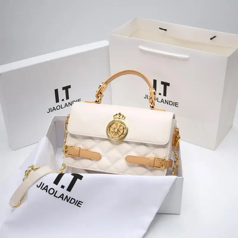 Elegant White and Tan Designer-Style Satchel with Gold Chain