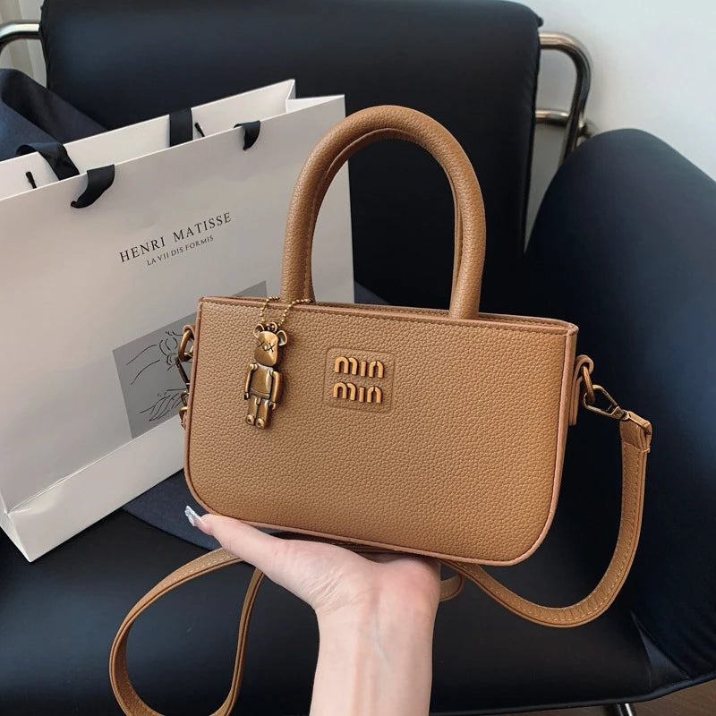 Aura Chic Brown PU Leather Crossbody Bag | Aesthetic Top Handle Handbag with Bear Charm