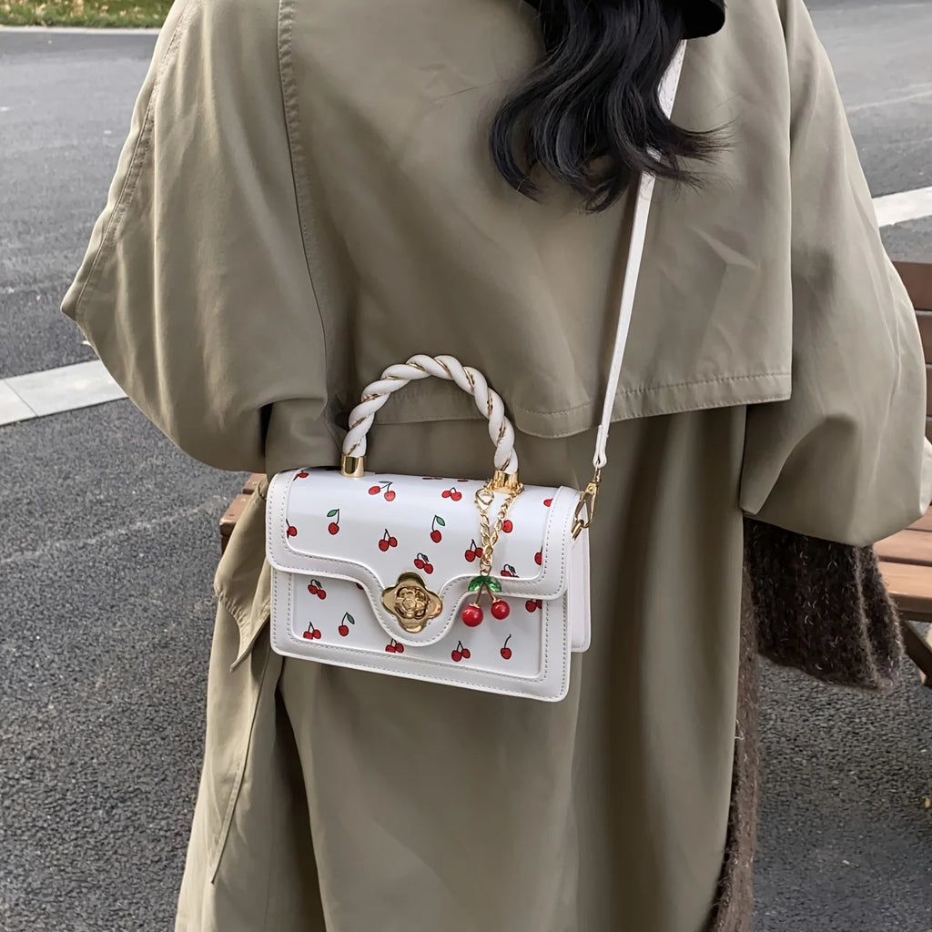 Sweet Cherry Print Mini Crossbody Bag with Twisted Handle and Charm