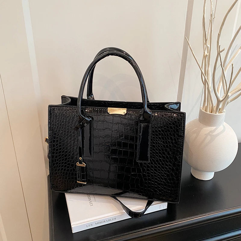 Luxury Glossy Croc-Embossed Red Tote & Shoulder Bag for Women