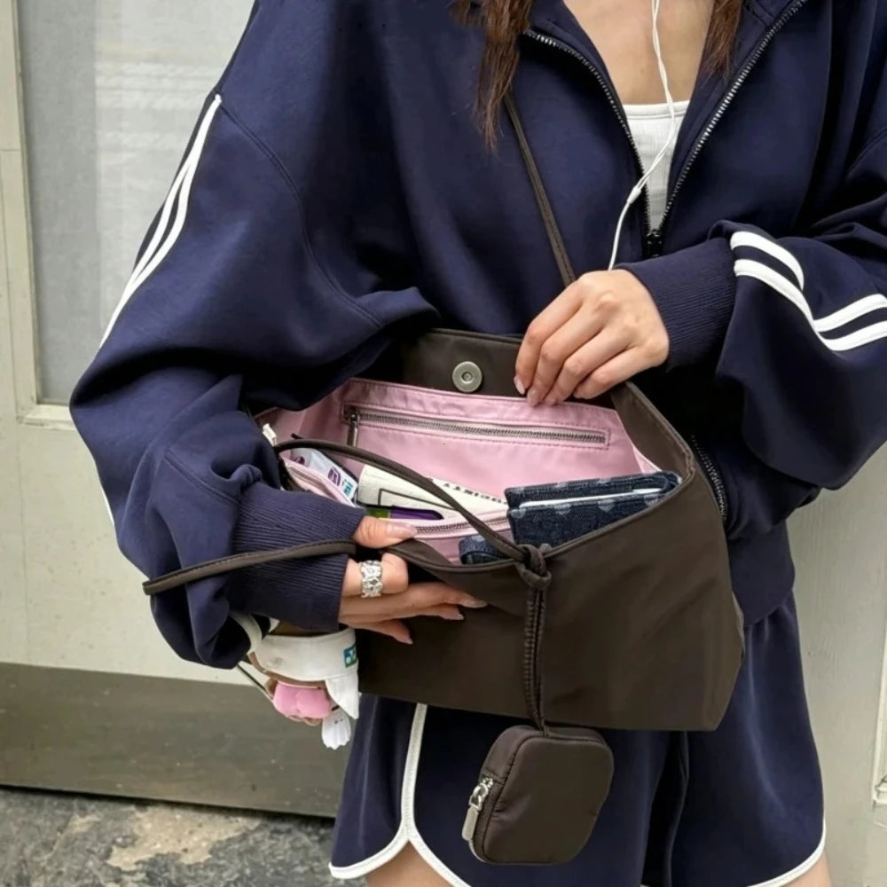 Aura Bags Aesthetic Brown Nylon Tote Bag with Compartments & Keychain Accessories