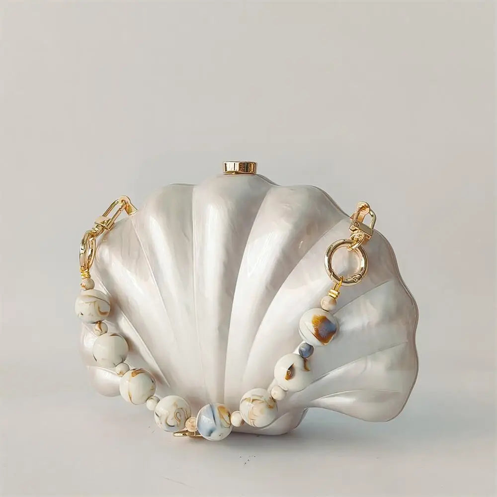 Elegant Pearlescent Seashell Evening Clutch Bag with Marble-Patterned Beaded Chain - Luxury Party Handbag