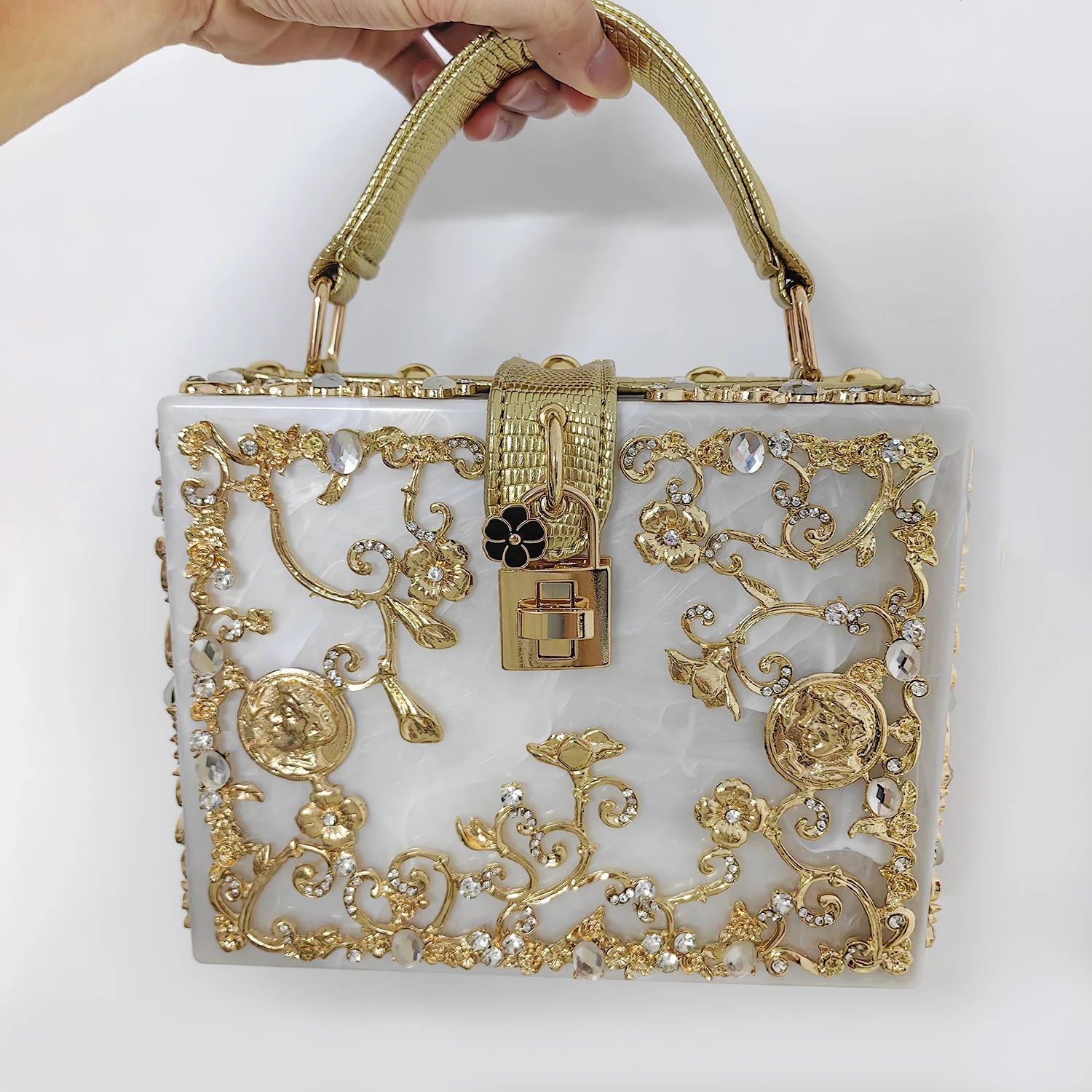 Luxury Blue & Gold Filigree Designer Party Wear Hard Case Clutch Bag