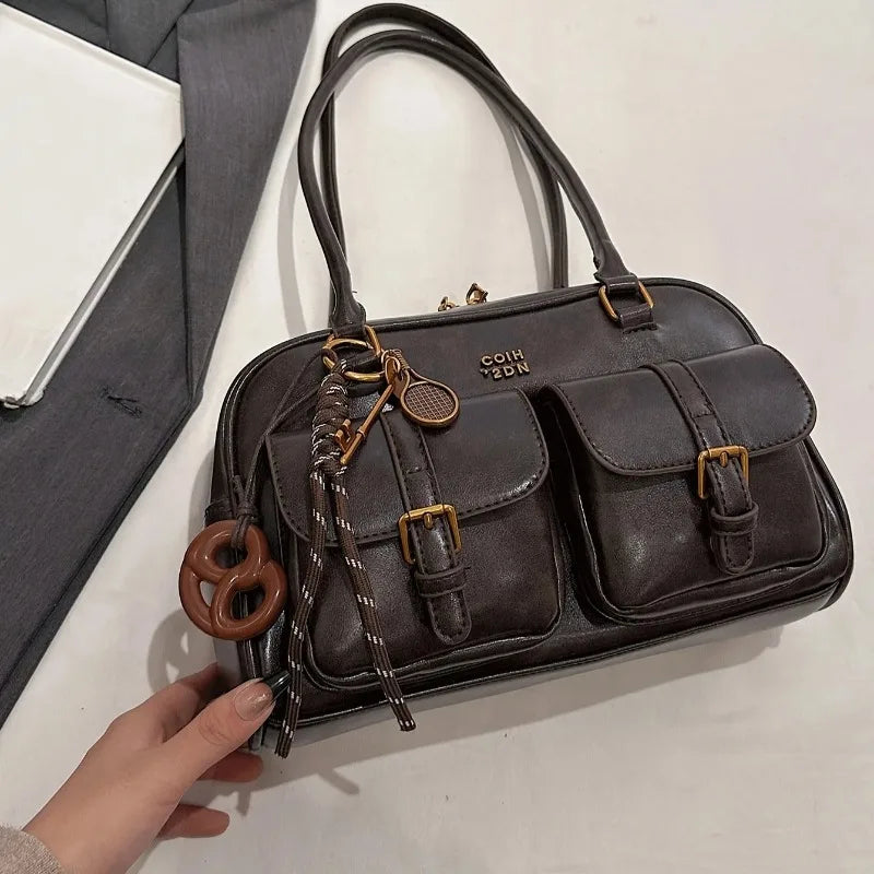 Vintage Brown Leather Cargo Shoulder Bag
