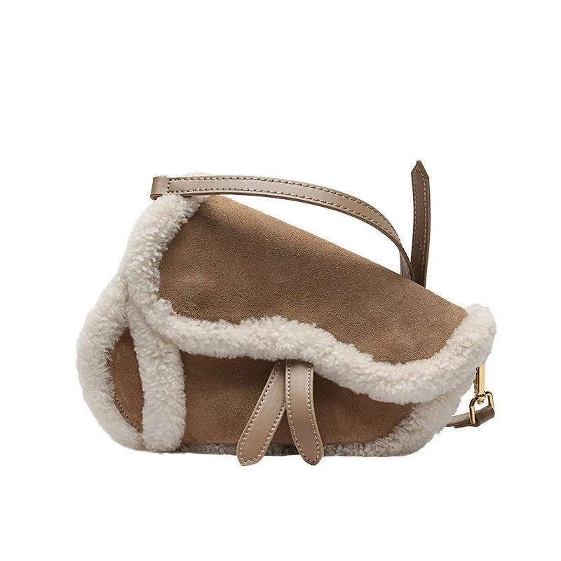 Cozy Shearling Trim Suede Saddle Bag – Winter Fluffy Wide-Strap Crossbody & Shoulder Bag for Women