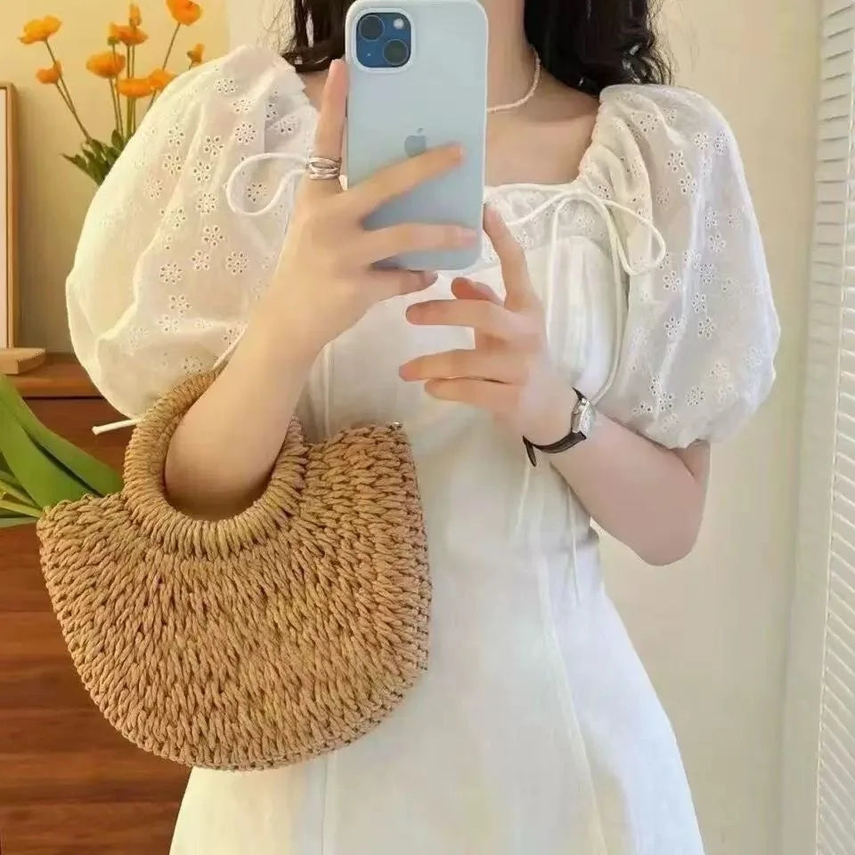 Casual Natural Woven Straw Tote with Ribbon Accent