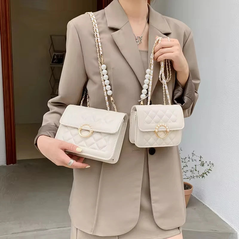Elegant Quilted Leather Shoulder Bag with Pearl Accent & Chain Strap - Chic Party Crossbody Handbag