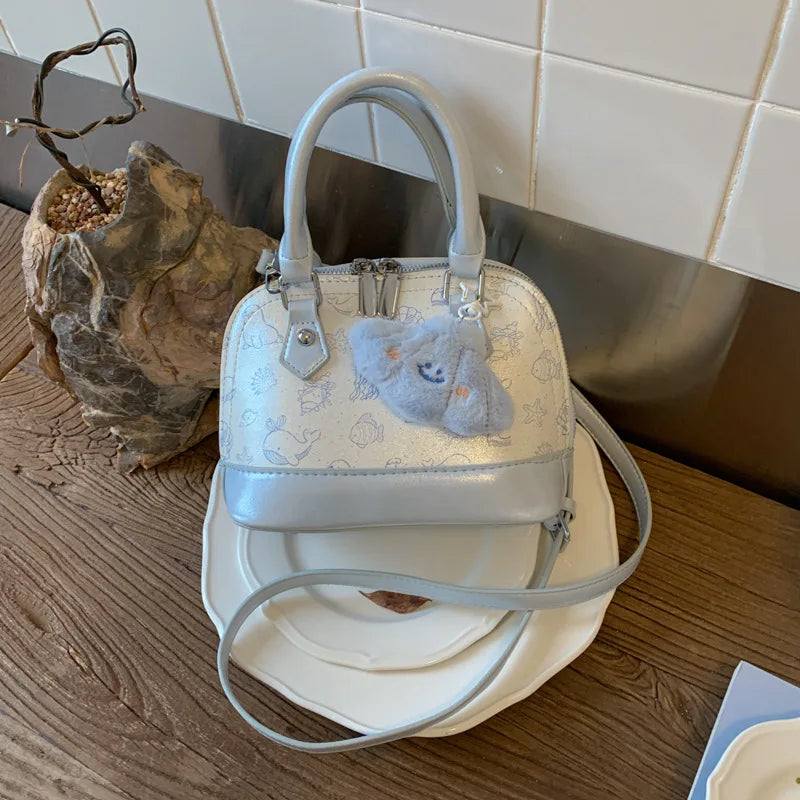 Cute Underarm Mini Shell Bag with Plush Pendant